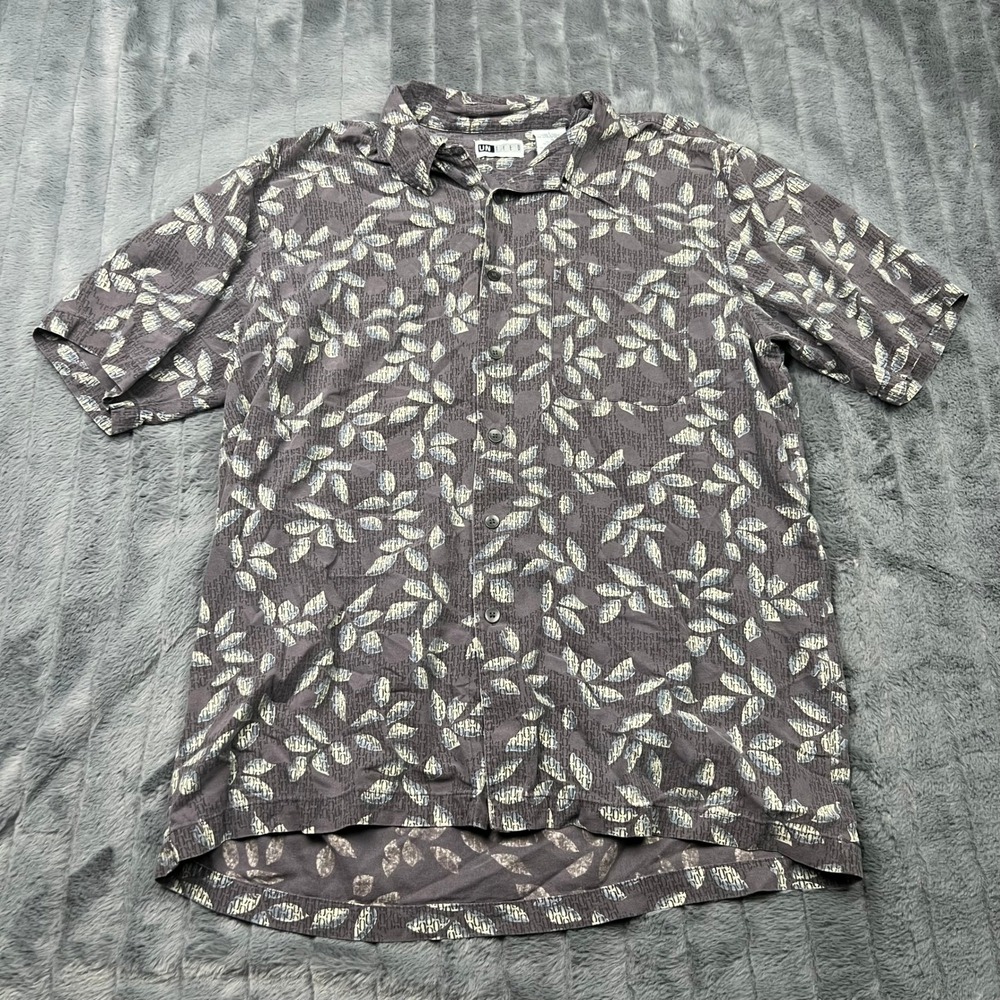 UN TIED Men Large Silk Short Sleeve Button Down Shirt Leaf Print Grey Blue 14006